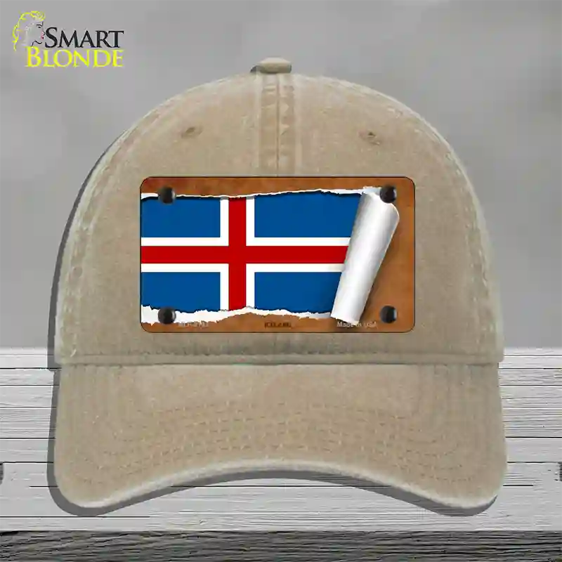 Iceland Flag Scroll Novelty License Plate Hat Unconstructed Cotton / Khaki