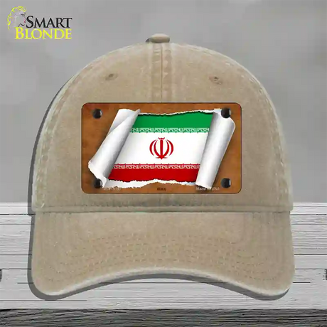 Iran Flag Scroll Novelty License Plate Hat Unconstructed Cotton / Khaki