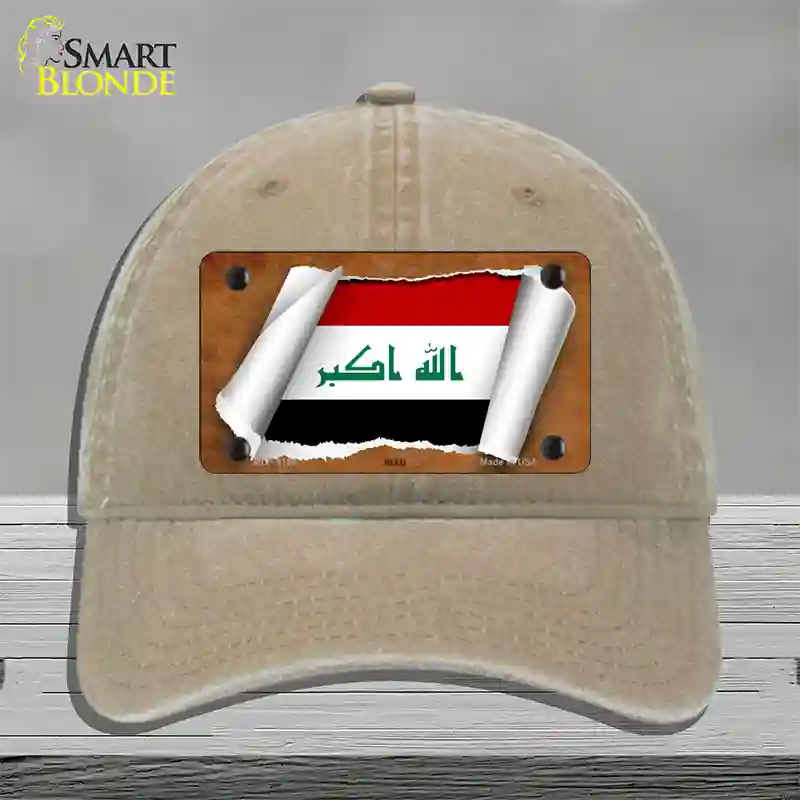 Iraq Flag Scroll Novelty License Plate Hat Unconstructed Cotton / Khaki