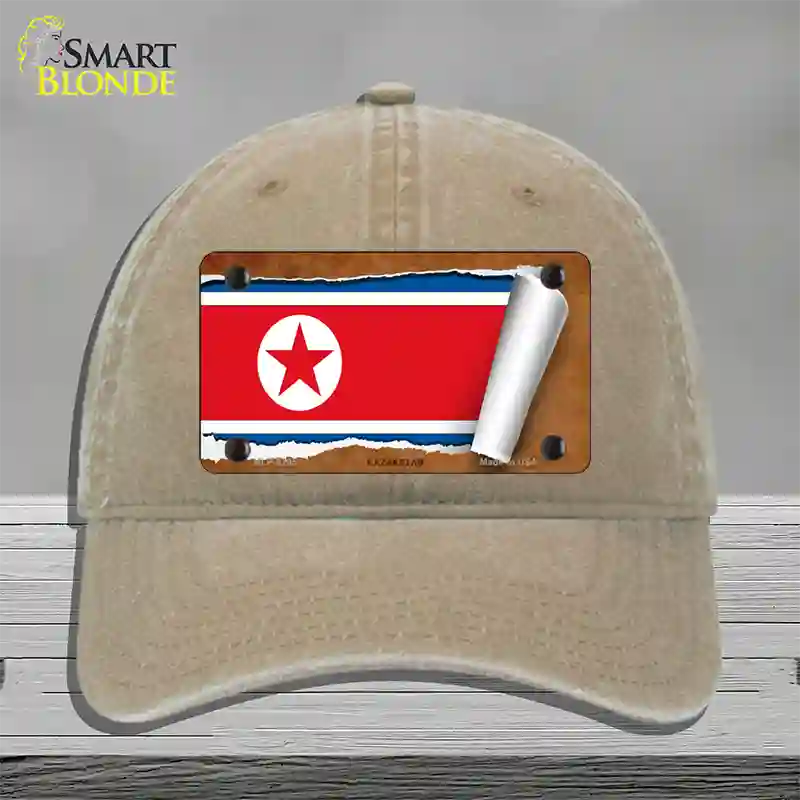 North Korea Flag Scroll Novelty License Plate Hat Unconstructed Cotton / Khaki