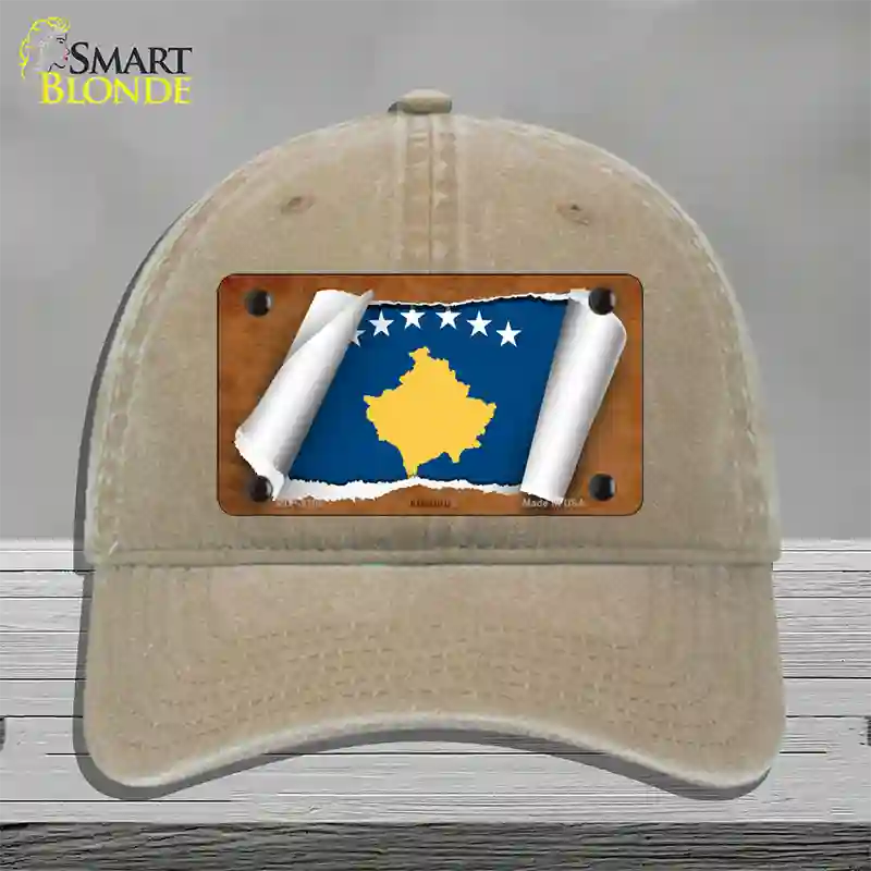 Kosovo Flag Scroll Novelty License Plate Hat Unconstructed Cotton / Khaki