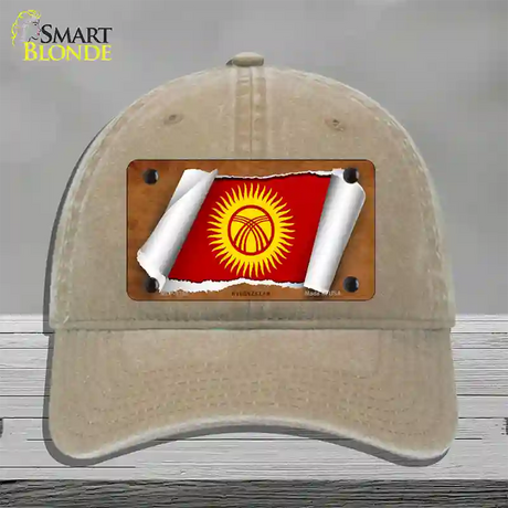 Kyrgyzstan Flag Scroll Novelty License Plate Hat Unconstructed Cotton / Khaki