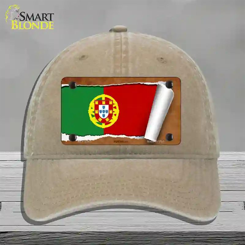 Portugal Flag Scroll Novelty License Plate Hat Unconstructed Cotton / Khaki