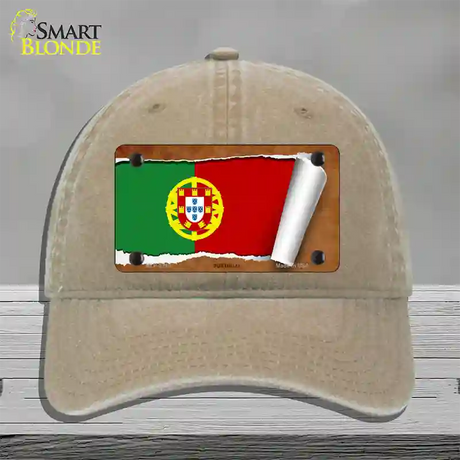 Portugal Flag Scroll Novelty License Plate Hat Unconstructed Cotton / Khaki