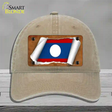 Laos Flag Scroll Novelty License Plate Hat Unconstructed Cotton / Khaki