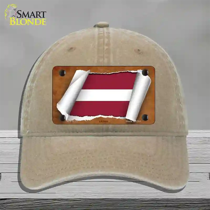 Latvia Flag Scroll Novelty License Plate Hat Unconstructed Cotton / Khaki