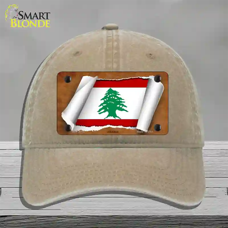 Lebanon Flag Scroll Novelty License Plate Hat Unconstructed Cotton / Khaki