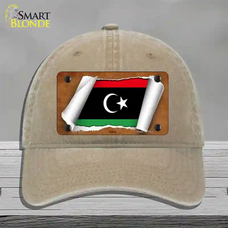 Libya Flag Scroll Novelty License Plate Hat Unconstructed Cotton / Khaki