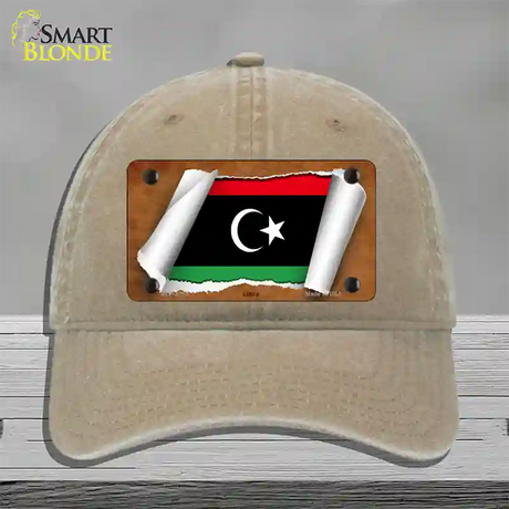 Libya Flag Scroll Novelty License Plate Hat Unconstructed Cotton / Khaki