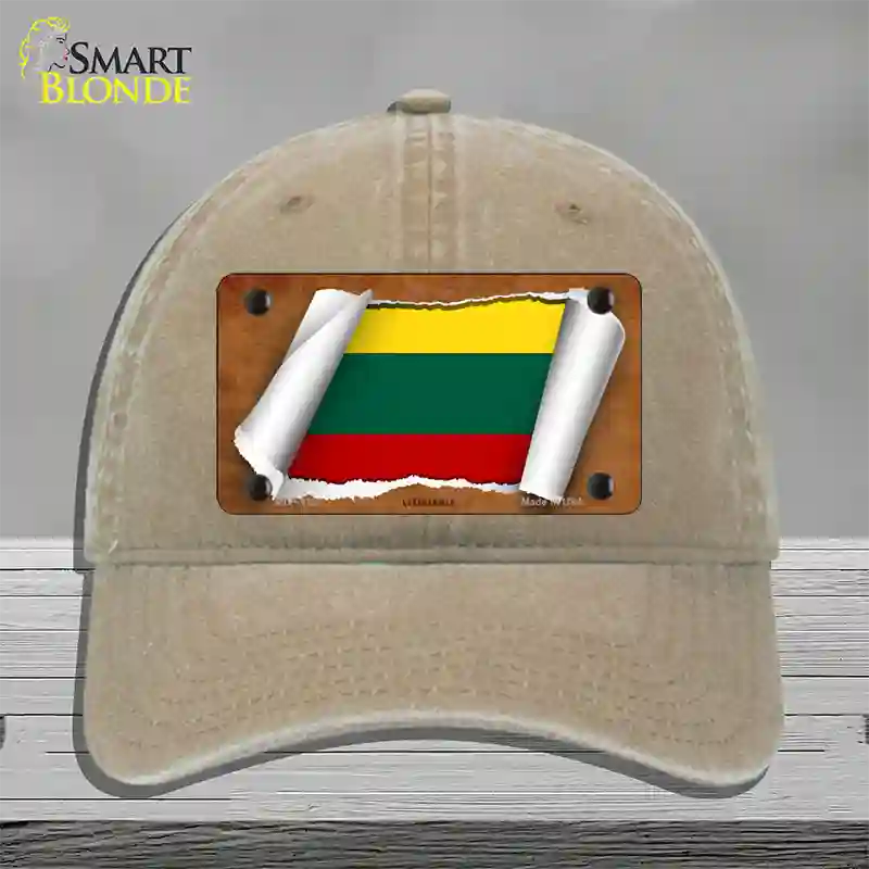 Lithuania Flag Scroll Novelty License Plate Hat Unconstructed Cotton / Khaki