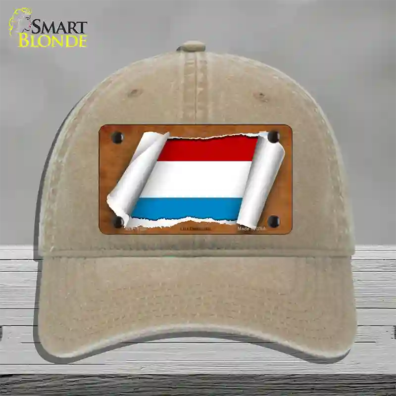 Luxemboury Flag Scroll Novelty License Plate Hat Unconstructed Cotton / Khaki