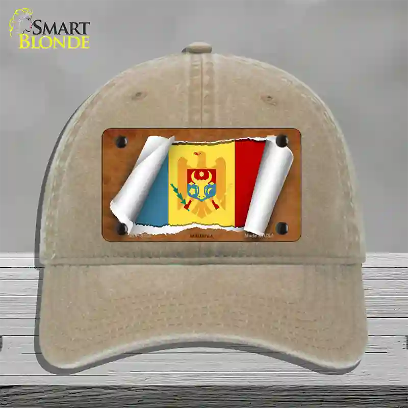 Moldova Flag Scroll Novelty License Plate Hat Unconstructed Cotton / Khaki