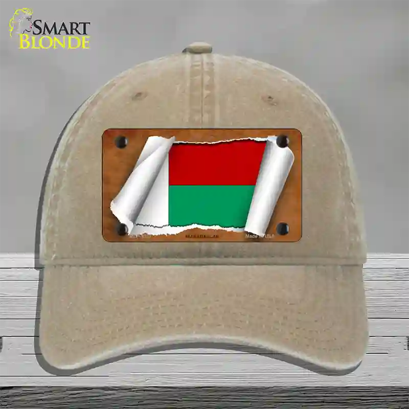 Madagascar Flag Scroll Novelty License Plate Hat Unconstructed Cotton / Khaki