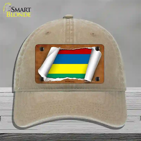 Mauritius Flag Scroll Novelty License Plate Hat Unconstructed Cotton / Khaki