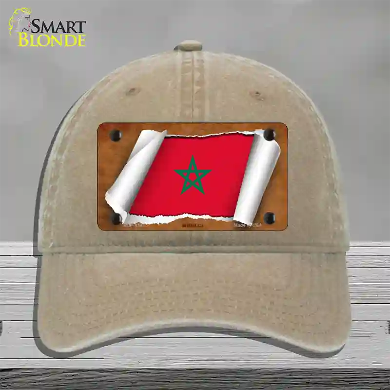 Morocco Flag Scroll Novelty License Plate Hat Unconstructed Cotton / Khaki