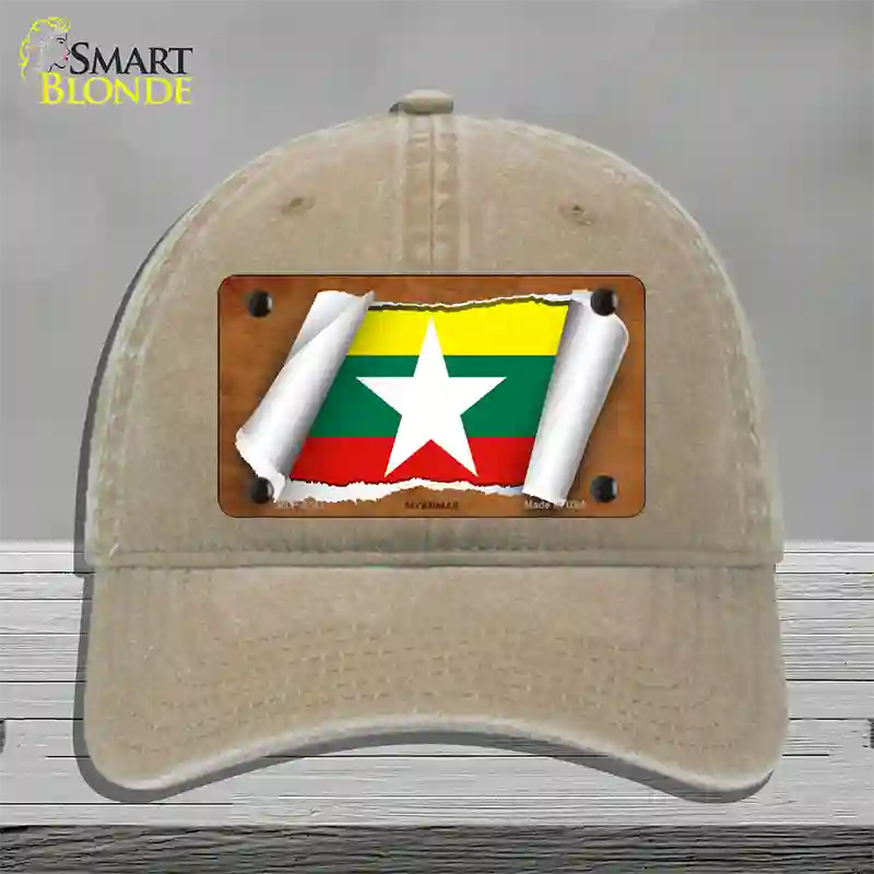 Myanmar Flag Scroll Novelty License Plate Hat Unconstructed Cotton / Khaki