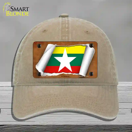 Myanmar Flag Scroll Novelty License Plate Hat Unconstructed Cotton / Khaki