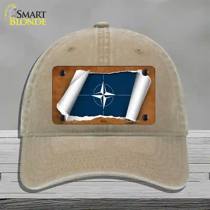 Nato Flag Scroll Novelty License Plate Hat Unconstructed Cotton / Khaki