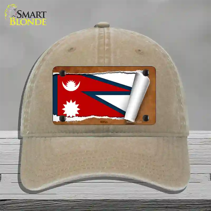 Nepal Flag Scroll Novelty License Plate Hat Unconstructed Cotton / Khaki