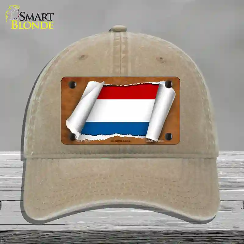 Netherlands Flag Scroll Novelty License Plate Hat Unconstructed Cotton / Khaki