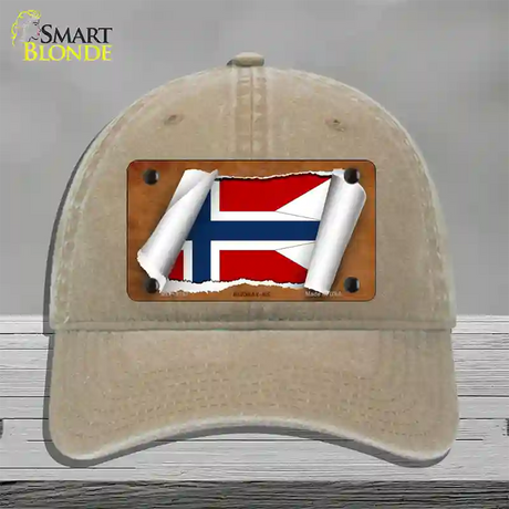 Norway-NS Flag Scroll Novelty License Plate Hat Unconstructed Cotton / Khaki