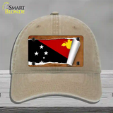 Papua New Guinea Flag Scroll Novelty License Plate Hat Unconstructed Cotton / Khaki