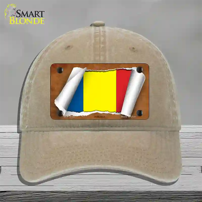 Romania Flag Scroll Novelty License Plate Hat Unconstructed Cotton / Khaki