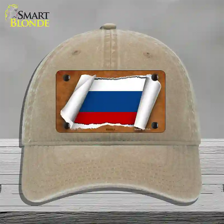 Russia Flag Scroll Novelty License Plate Hat Unconstructed Cotton / Khaki