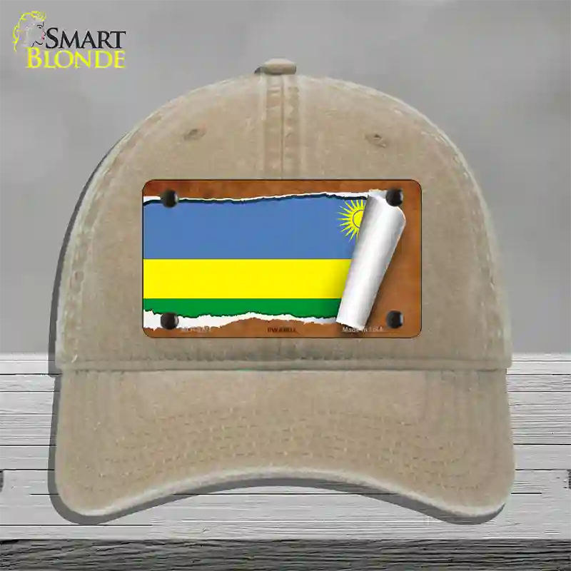 Rwanda Flag Scroll Novelty License Plate Hat Unconstructed Cotton / Khaki