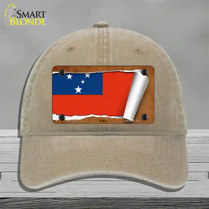 Samoa Flag Scroll Novelty License Plate Hat Unconstructed Cotton / Khaki