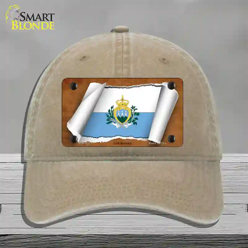 San Marino Flag Scroll Novelty License Plate Hat Unconstructed Cotton / Khaki