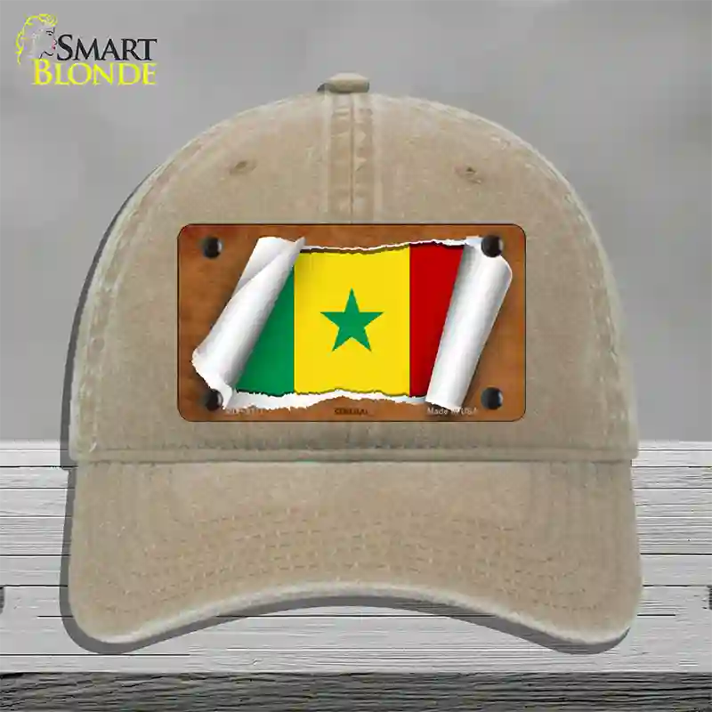 Senegal Flag Scroll Novelty License Plate Hat Unconstructed Cotton / Khaki