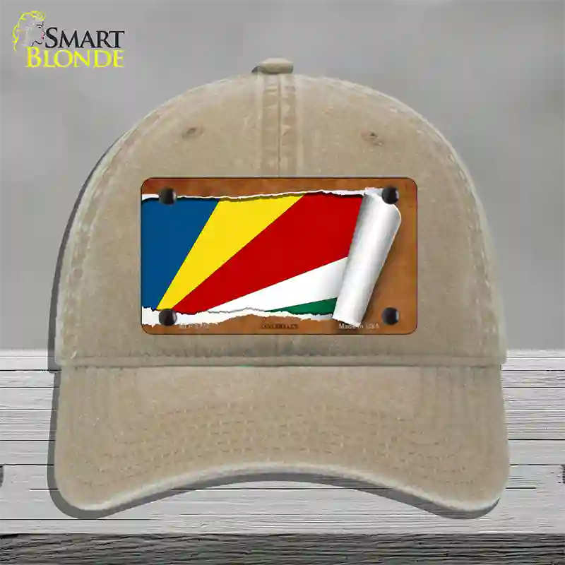 Seychelles Flag Scroll Novelty License Plate Hat Unconstructed Cotton / Khaki