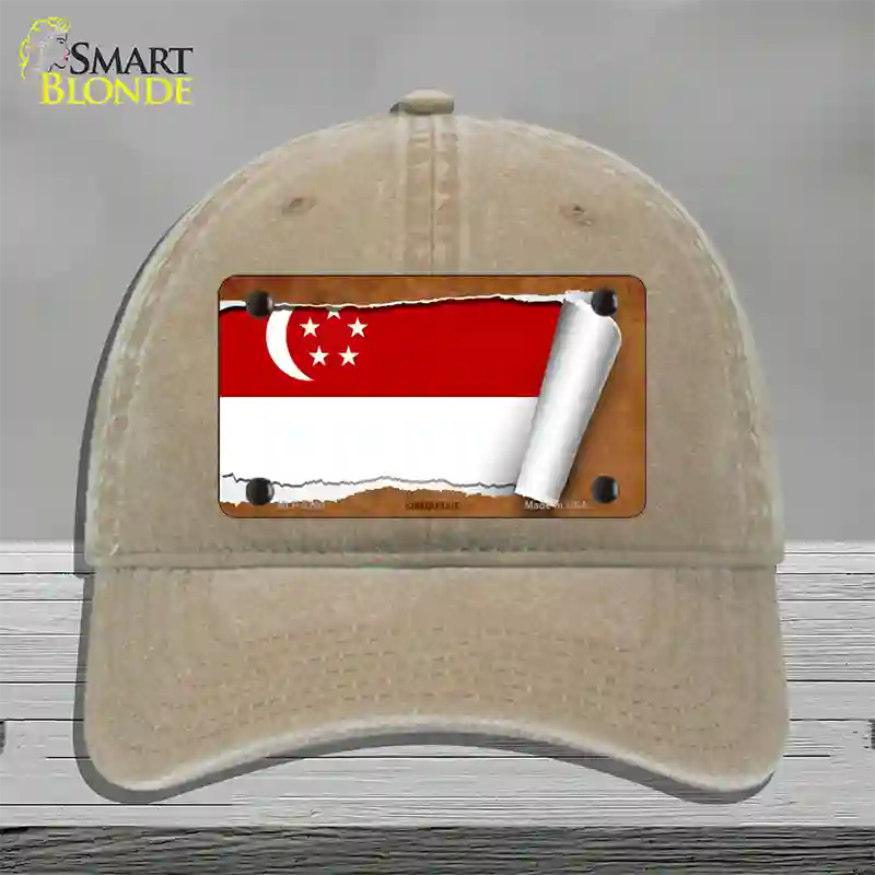 Singapore Flag Scroll Novelty License Plate Hat Unconstructed Cotton / Khaki