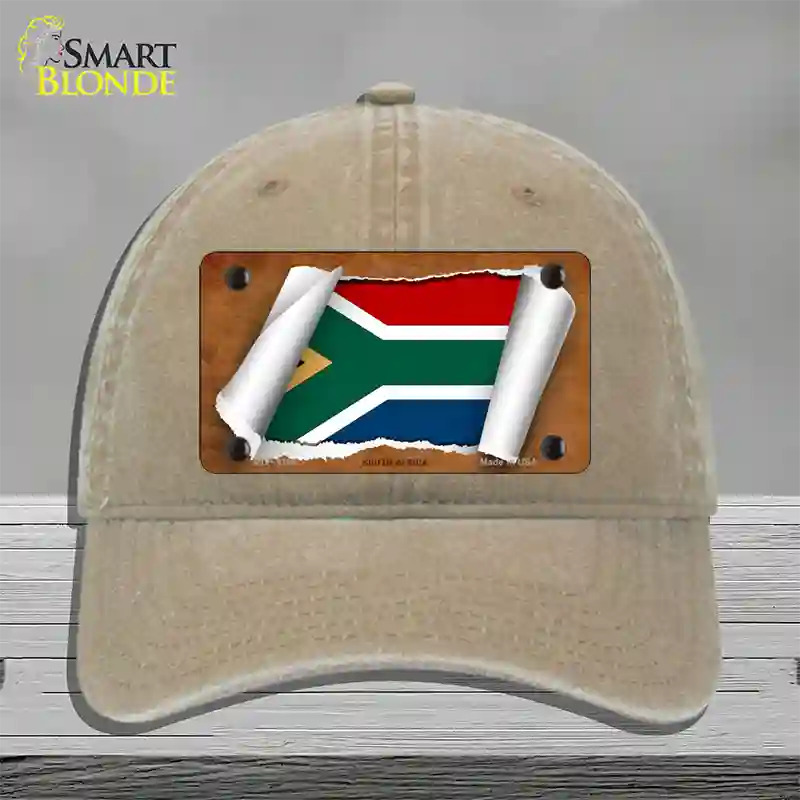 South Africa Flag Scroll Novelty License Plate Hat Unconstructed Cotton / Khaki