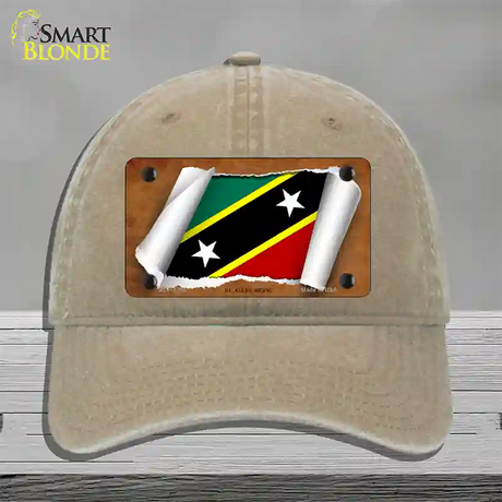 St Kitts-Nevis Flag Scroll Novelty License Plate Hat Unconstructed Cotton / Khaki