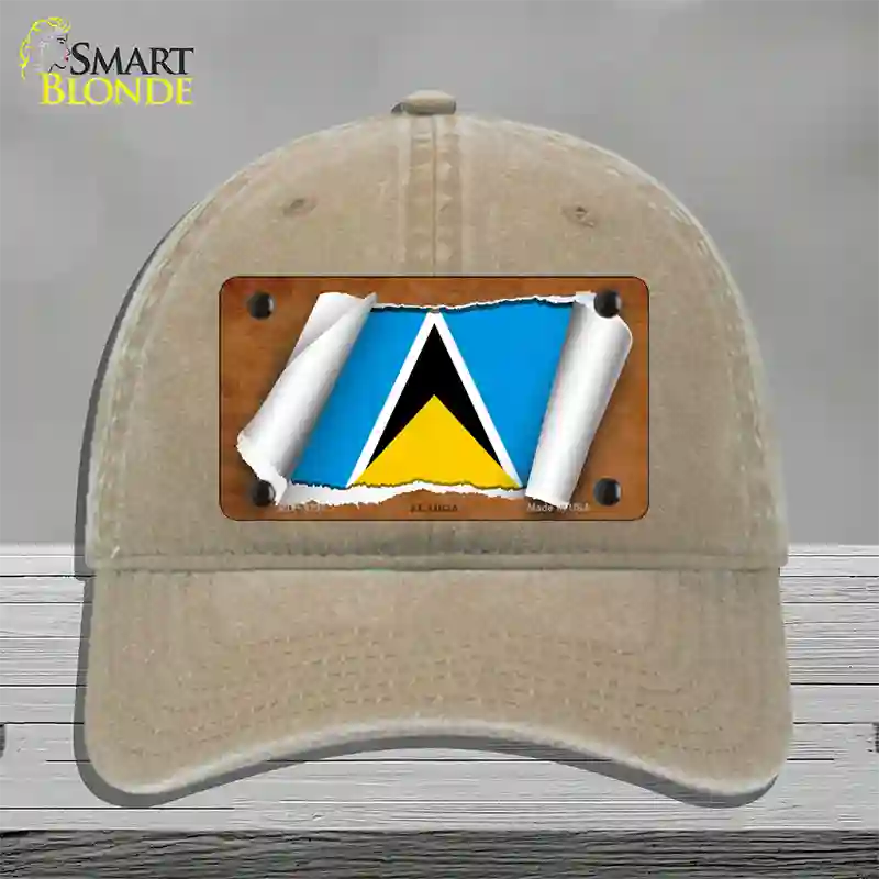 St Lucia Flag Scroll Novelty License Plate Hat Unconstructed Cotton / Khaki