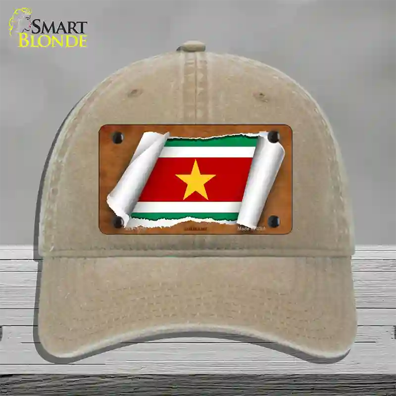 Suriname Flag Scroll Novelty License Plate Hat Unconstructed Cotton / Khaki