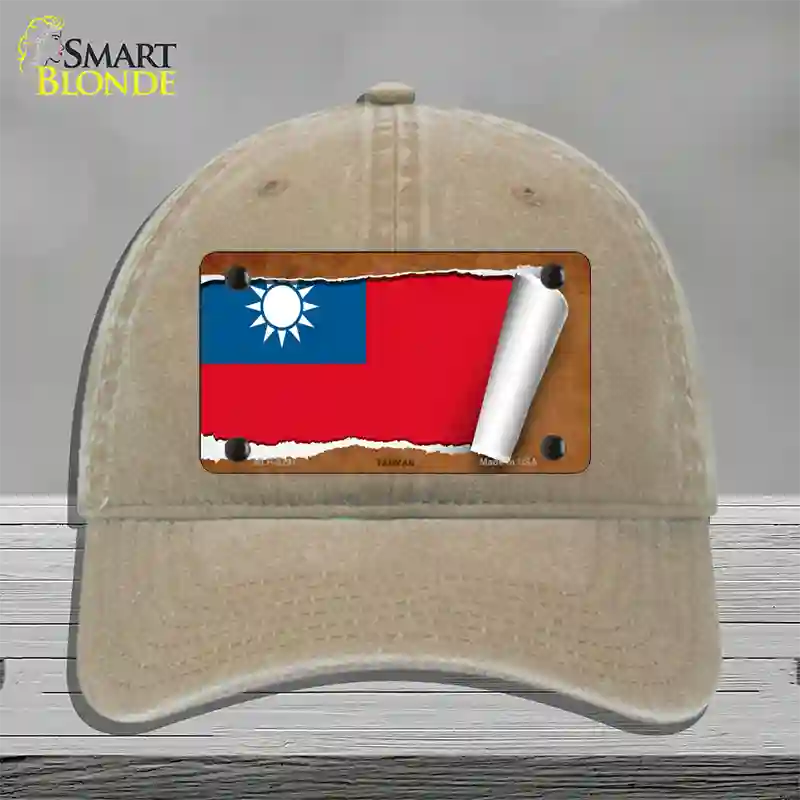 Taiwan Flag Scroll Novelty License Plate Hat Unconstructed Cotton / Khaki