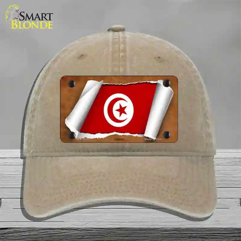 Tunisia Flag Scroll Novelty License Plate Hat Unconstructed Cotton / Khaki