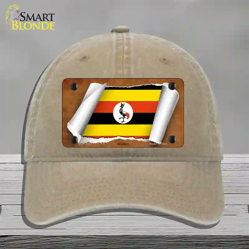 Uganda Flag Scroll Novelty License Plate Hat Unconstructed Cotton / Khaki