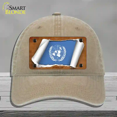 United Nations Flag Scroll Novelty License Plate Hat Unconstructed Cotton / Khaki