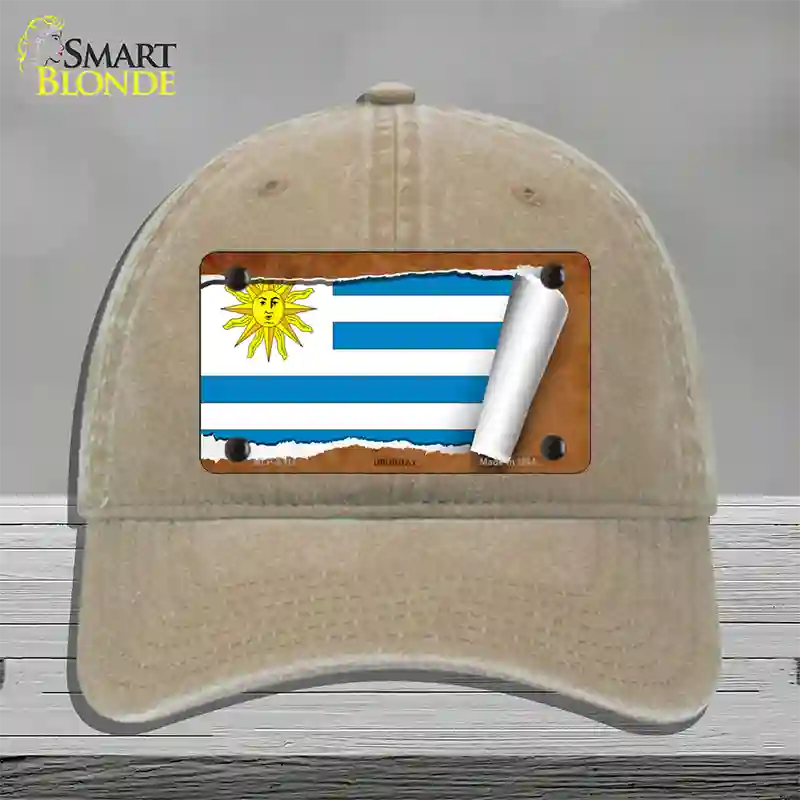 Uruguay Flag Scroll Novelty License Plate Hat Unconstructed Cotton / Khaki