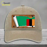 Zambia Flag Scroll Novelty License Plate Hat Unconstructed Cotton / Khaki