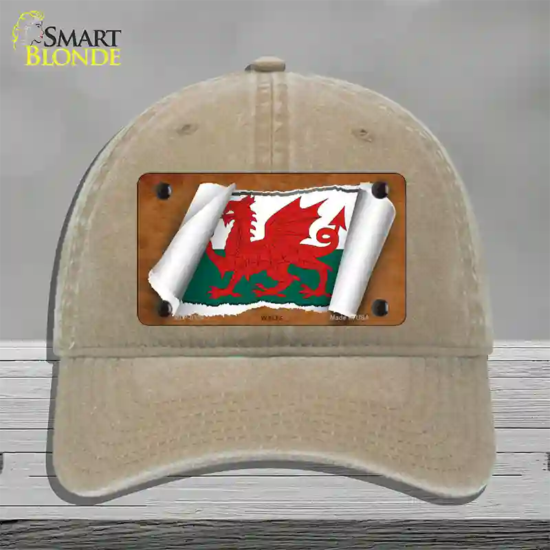 Wales Flag Scroll Novelty License Plate Hat Unconstructed Cotton / Khaki