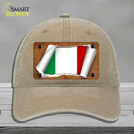 Italy Flag Scroll Novelty License Plate Hat Unconstructed Cotton / Khaki