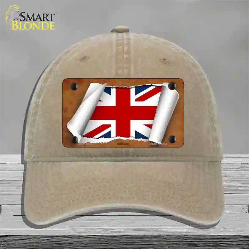 Britain Flag Scroll Novelty License Plate Hat Unconstructed Cotton / Khaki