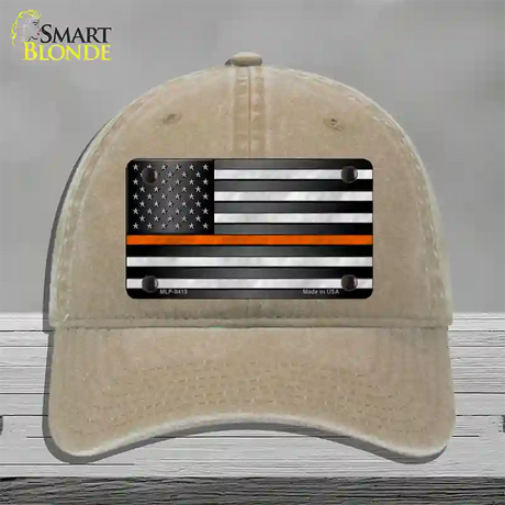 American Flag Thin Orange Line Novelty License Plate Hat Unconstructed Cotton / Khaki