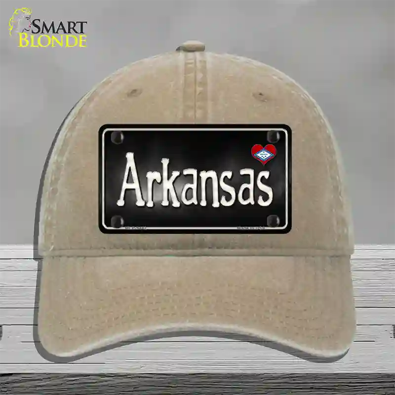 Arkansas Flag Script Novelty License Plate Hat Unconstructed Cotton / Khaki