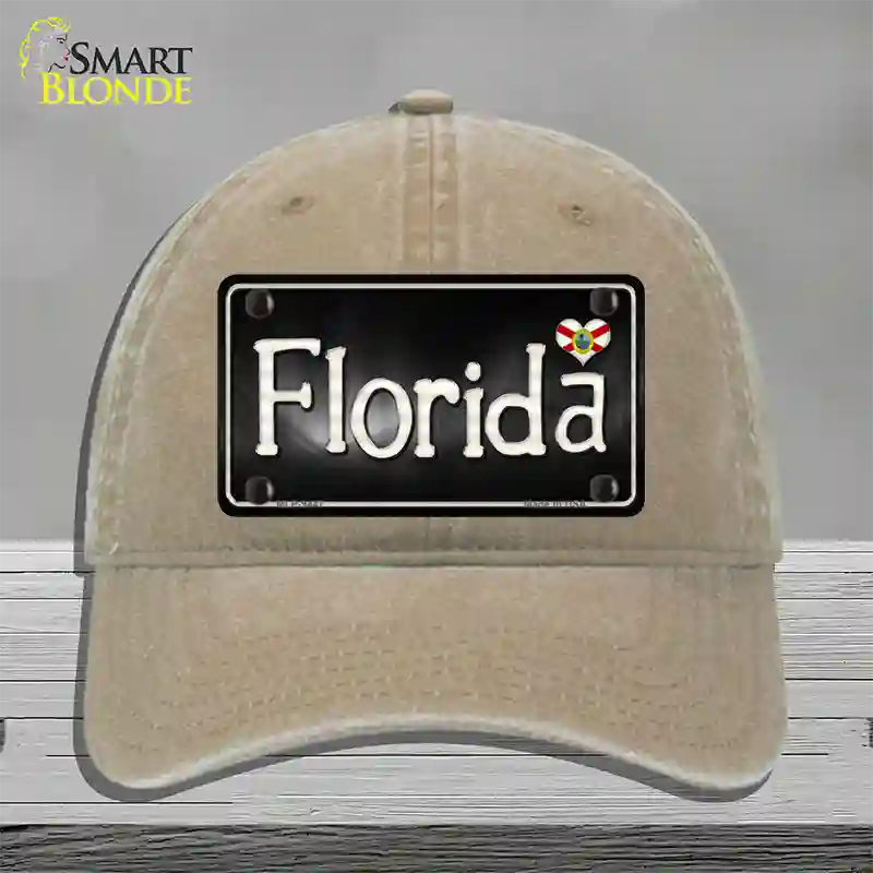 Florida Flag Script Novelty License Plate Hat Unconstructed Cotton / Khaki